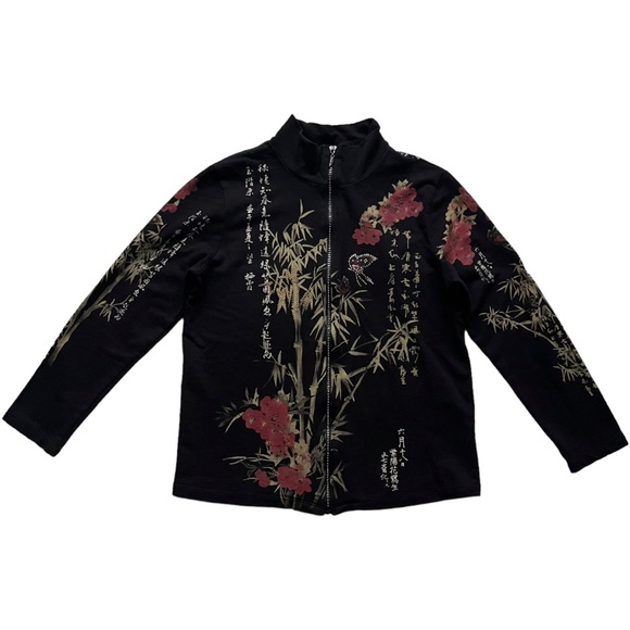 Cactus Jackets & Blazers - Y2K Cactus Black Bling Floral Bamboo Butterfly Print Lightweight Zip Up Jacket